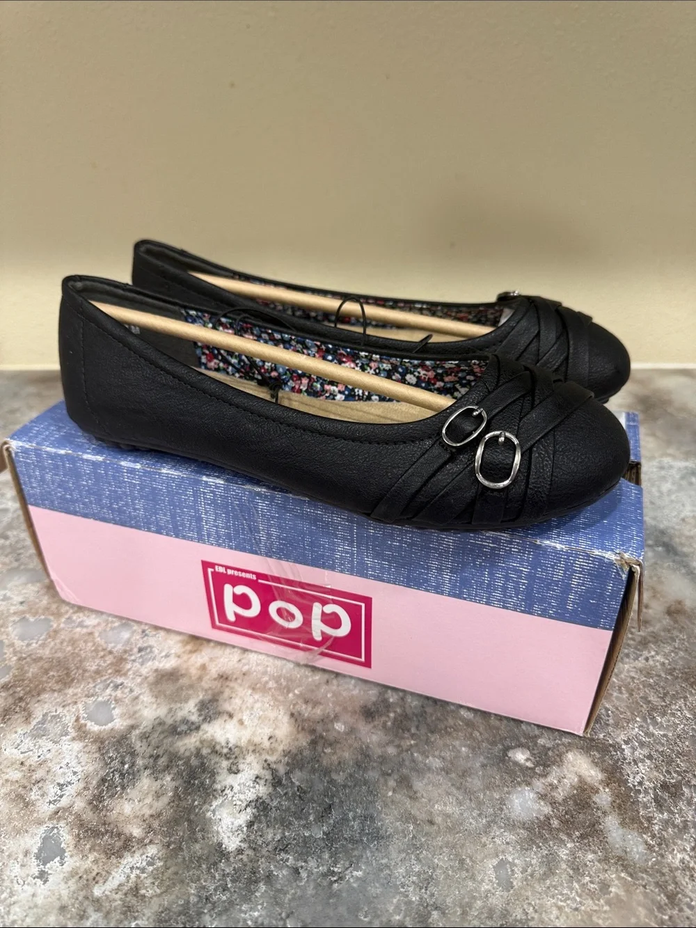 pop Black Memory Foam Slip-On Ballet Flats with Woven Strap